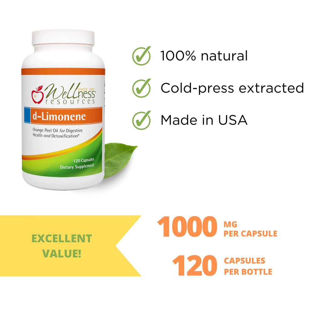 Wellness Resources orange oil d-Limonene capsules close-up suggesting digestive support