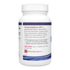wellness resources phosphatidylserine sunflower label close-up highlights soy-free, non-GMO formula.