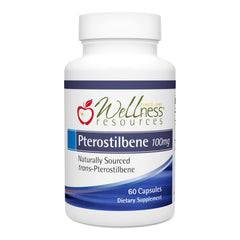 Wellness Resources Pterostilbene bottle shows natural Silbinol trans-pterostilbene for healthy aging