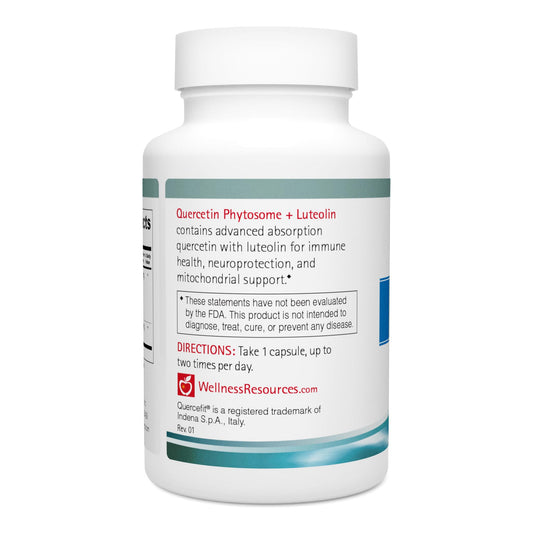 Close-up of Wellness Resources Quercetin Phytosome capsules highlighting the phytosome formula