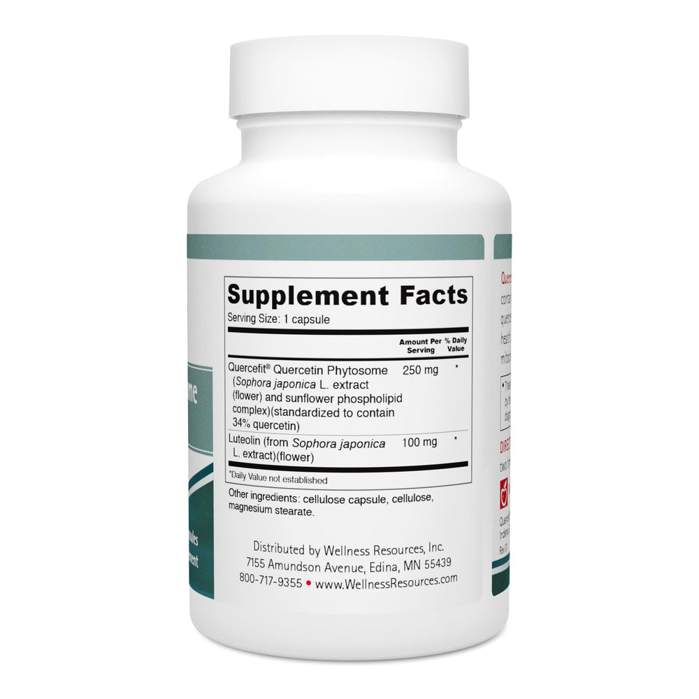 Label on Wellness Resources Quercetin Phytosome showing Quercetin and Luteolin content