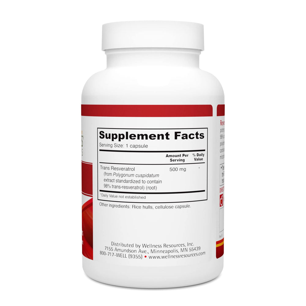 Wellness Resources Resveratrol Ultra 500 bottle beside a glass for easy dosing.