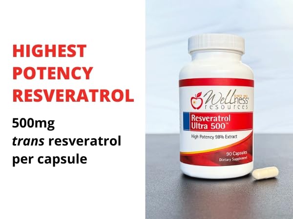 Wellness Resources Resveratrol Ultra 500 label highlights 98% trans-resveratrol content.