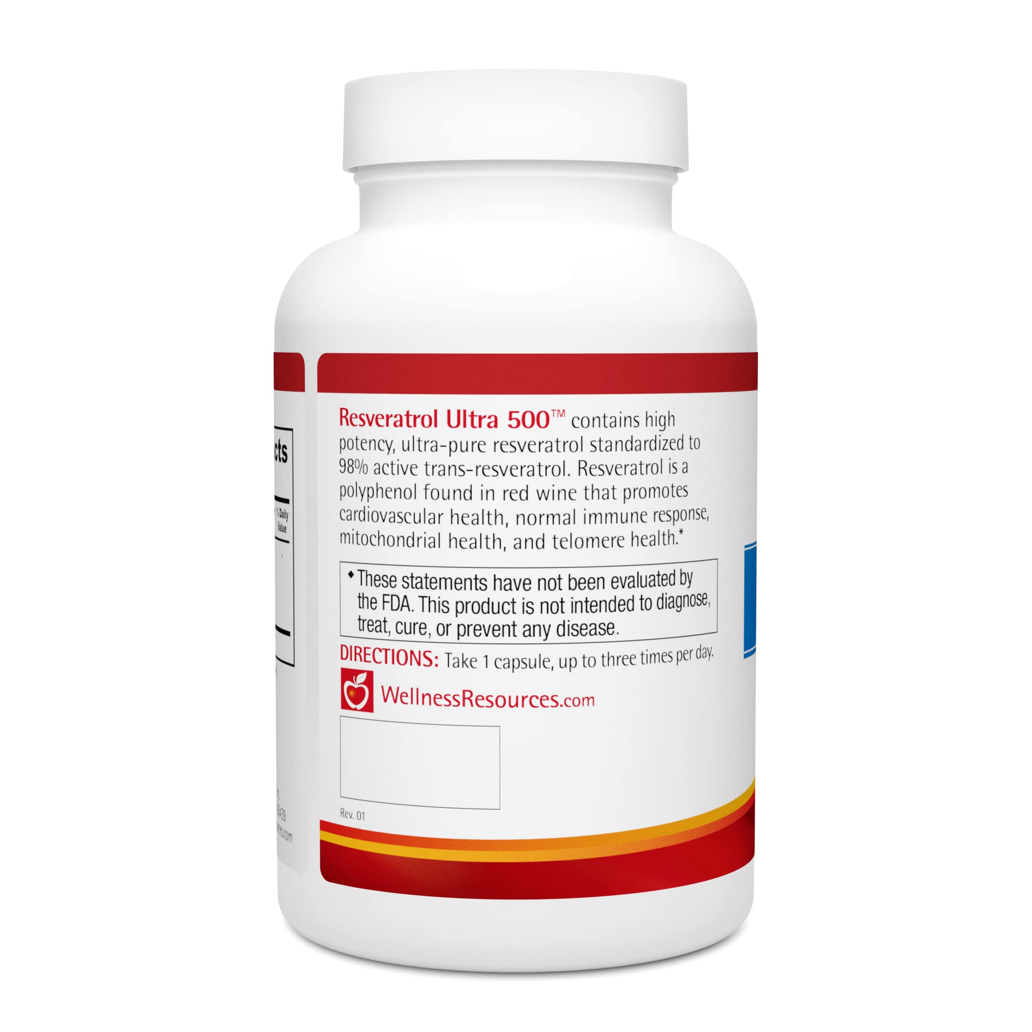 Wellness Resources Resveratrol Ultra 500 packaging shows certification and quality.
