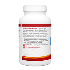 Wellness Resources Resveratrol Ultra 500 packaging shows certification and quality.
