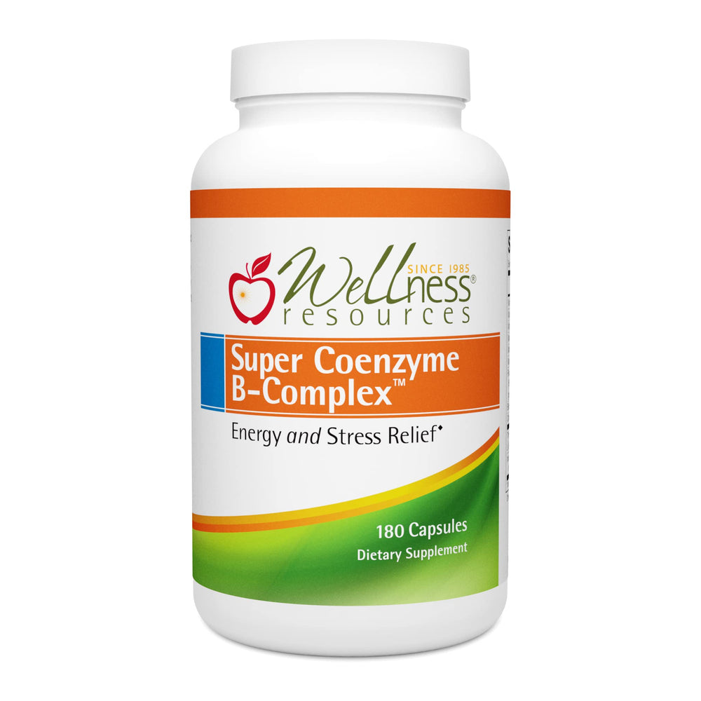 Wellness Resources Super Coenzyme B Complex bottle front shows energy support promise.