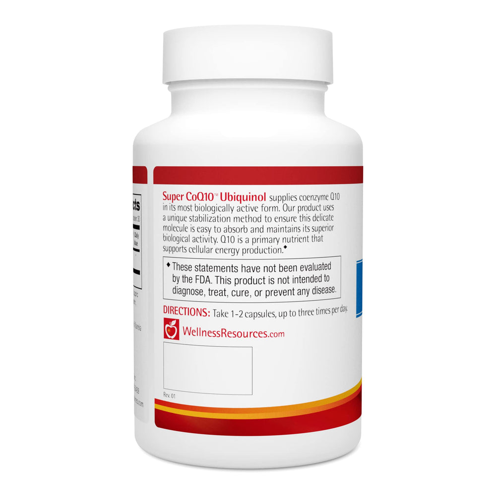 Wellness Resources label close-up highlighting CoQH-CF patent stability