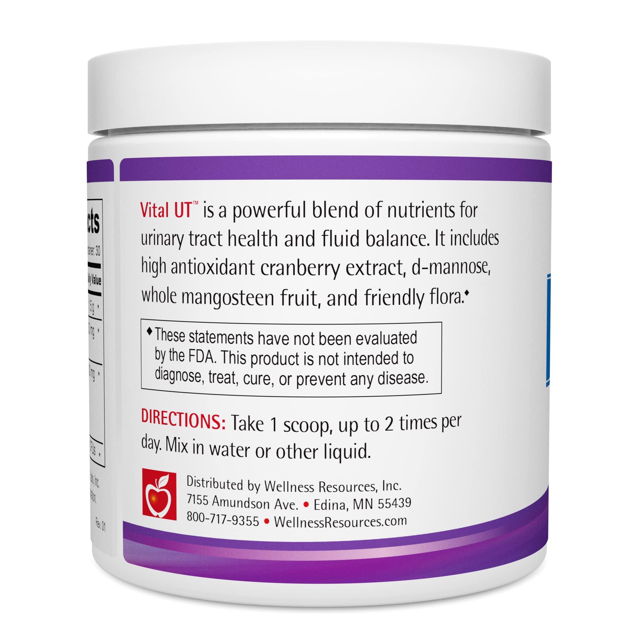 Vital UT Powder Cran-Max view highlighting high PAC cranberry concentrate for urinary health.