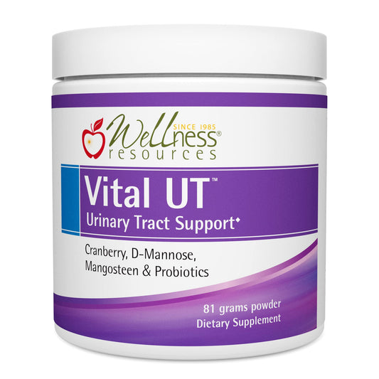 Wellness Resources Vital UT Powder tub front with label showing urinary tract support.