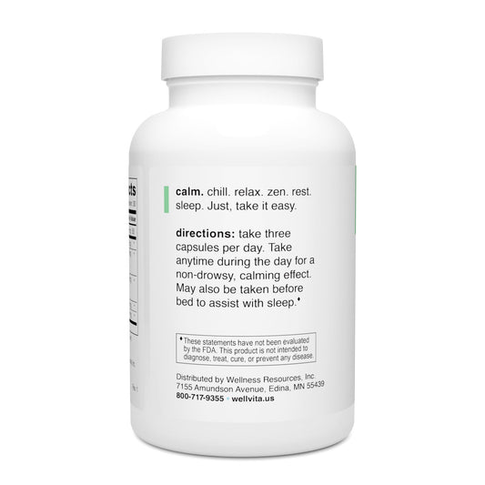 Close-up of Well+Vita Calm capsules; high-absorption minerals for calm support.
