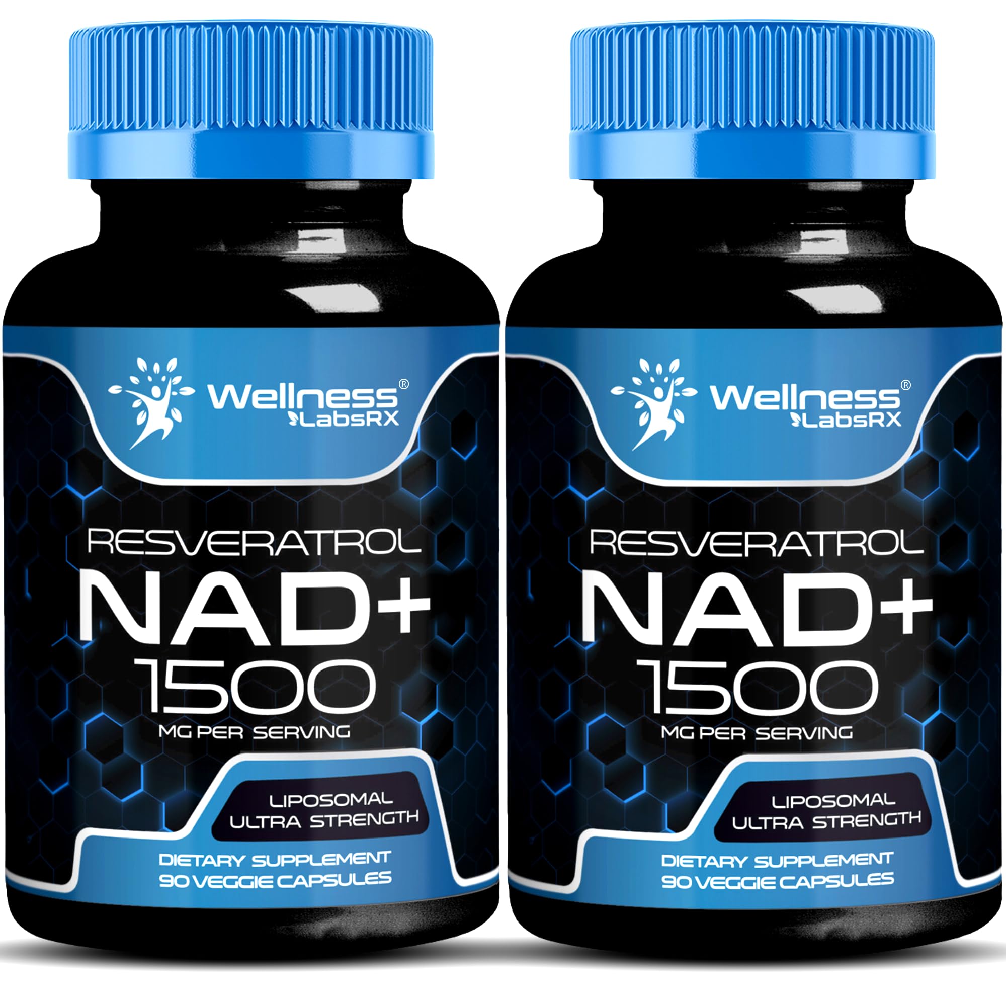 WellnessLabsRx Liposomal NAD supplement bottle showing the 1500 mg dose for energy support.