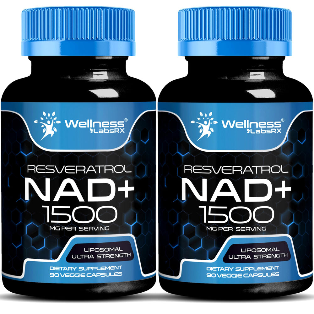 WellnessLabsRx Liposomal NAD supplement bottle showing the 1500 mg dose for energy support.