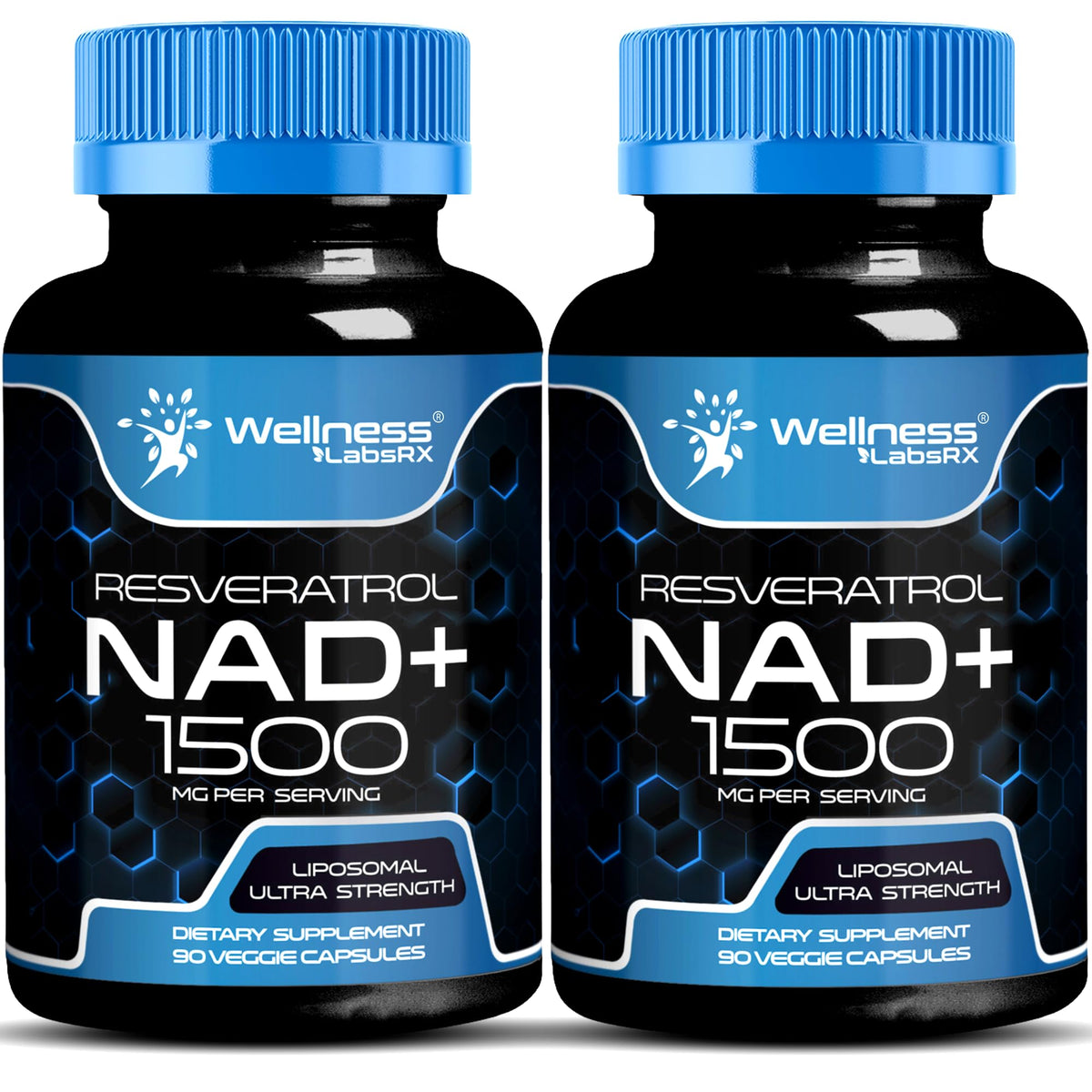 WellnessLabsRx Liposomal NAD supplement bottle showing the 1500 mg dose for energy support.