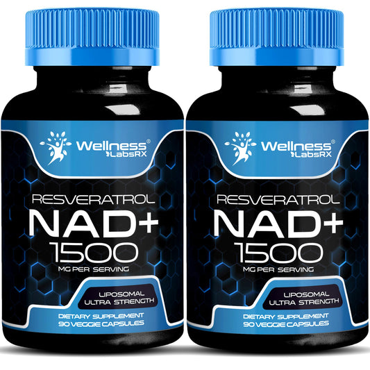 WellnessLabsRx Liposomal NAD supplement bottle showing the 1500 mg dose for energy support.