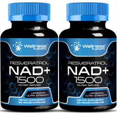 WellnessLabsRx Liposomal NAD supplement bottle showing the 1500 mg dose for energy support.