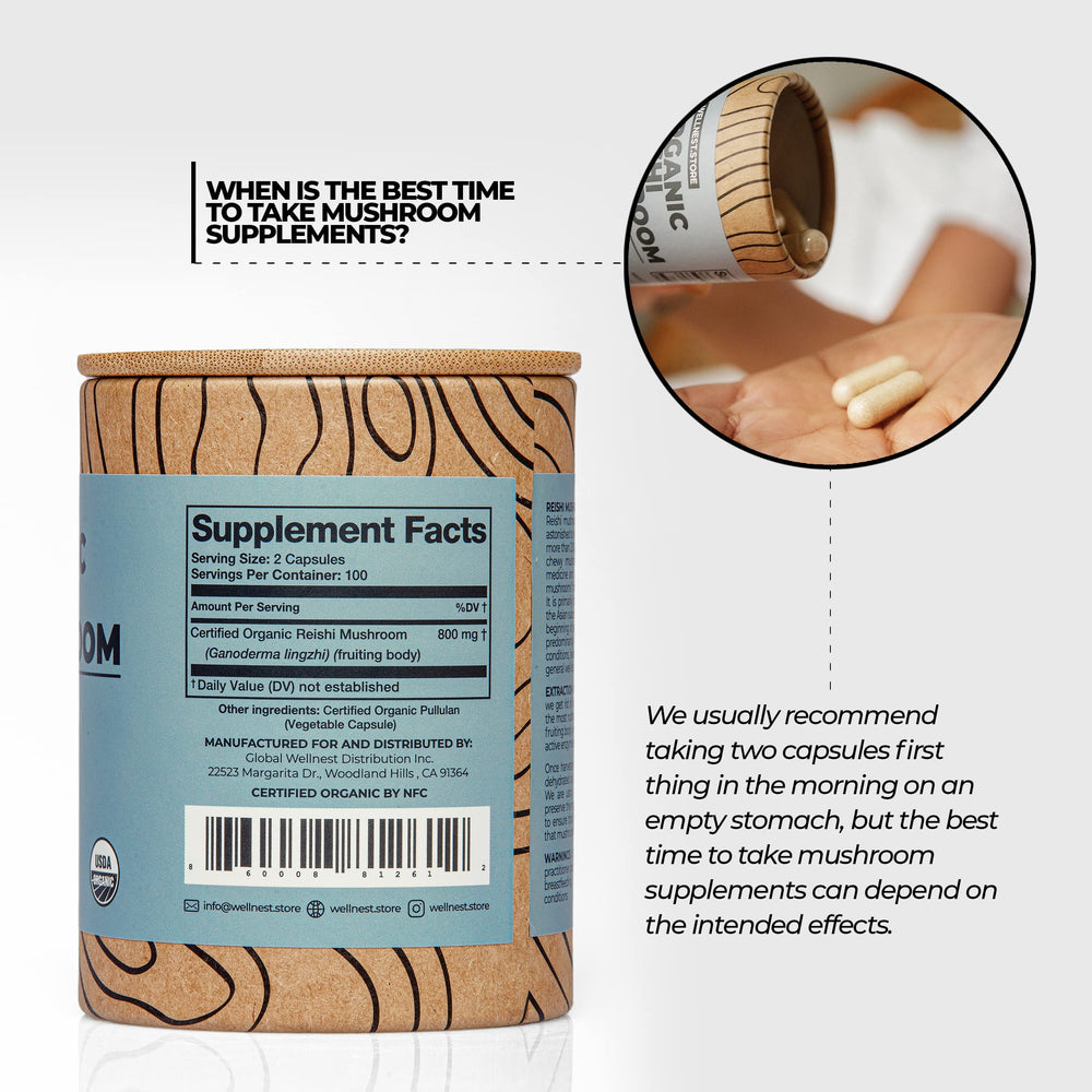 Wellnest Store Reishi bottle with seal and GMP quality emphasis.