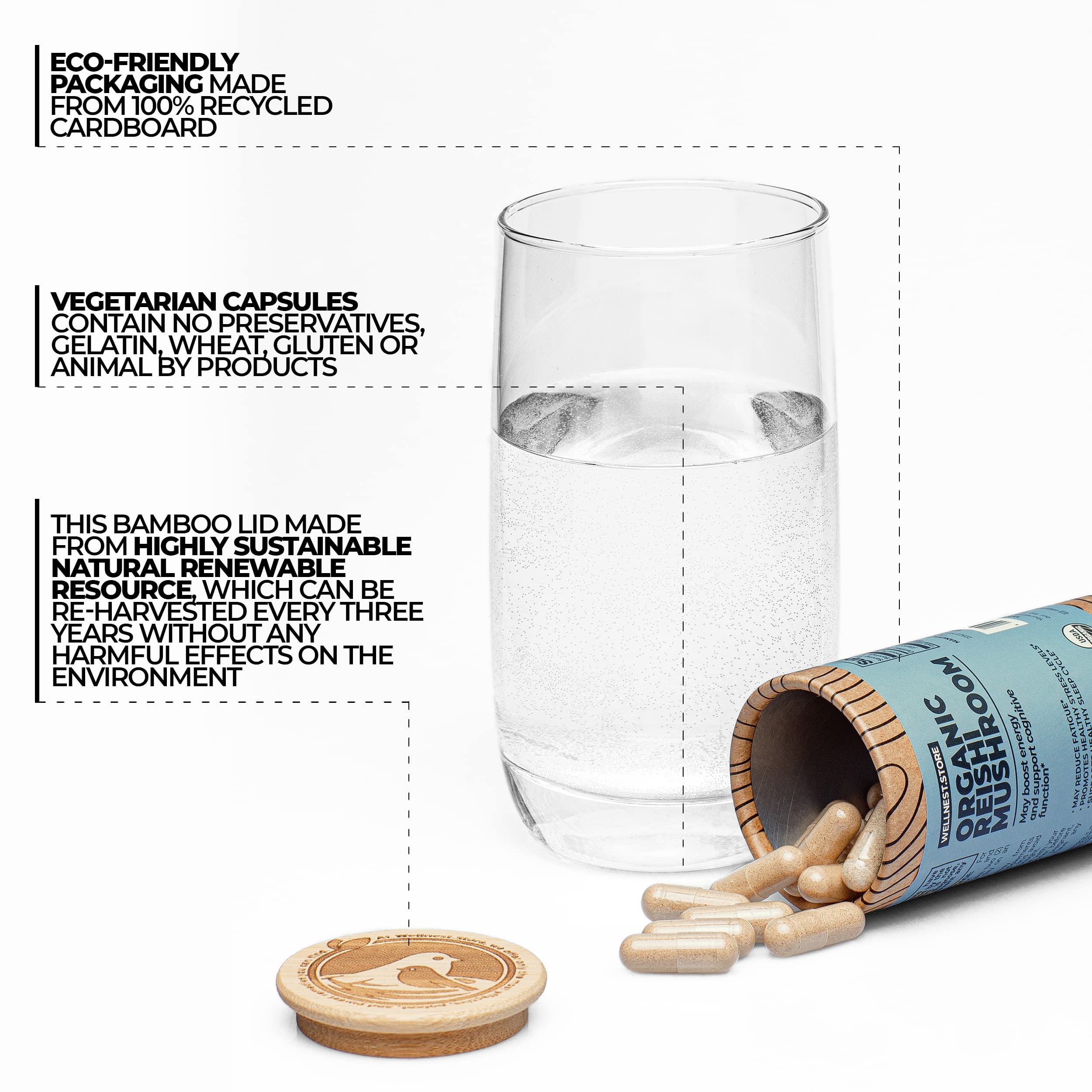 Wellnest Store Reishi capsules closeup highlighting easy-to-swallow daily wellness ritual.