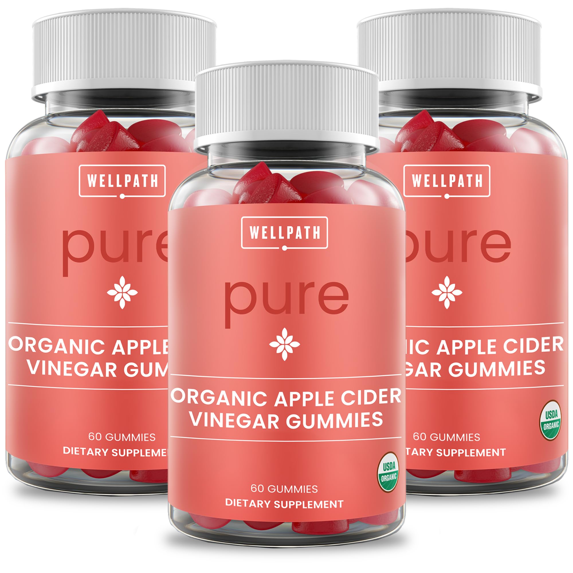 WellPath Pure ACV Gummies bottle closeup showing the mother and organic ingredients for daily use