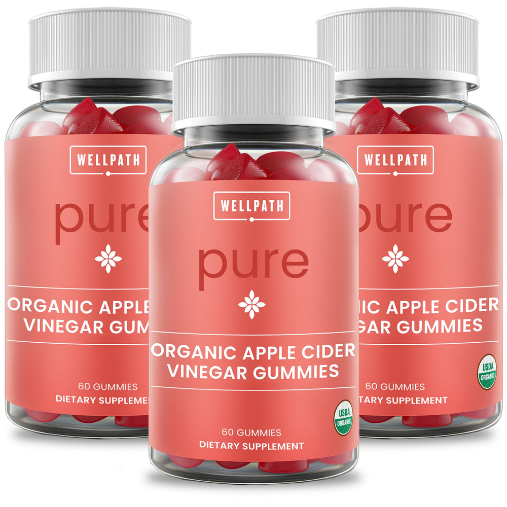 WellPath Pure ACV Gummies bottle closeup showing the mother and organic ingredients for daily use