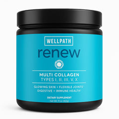 WellPath Renew collagen powder tub showing a premium multi-collagen blend for beauty and wellness.