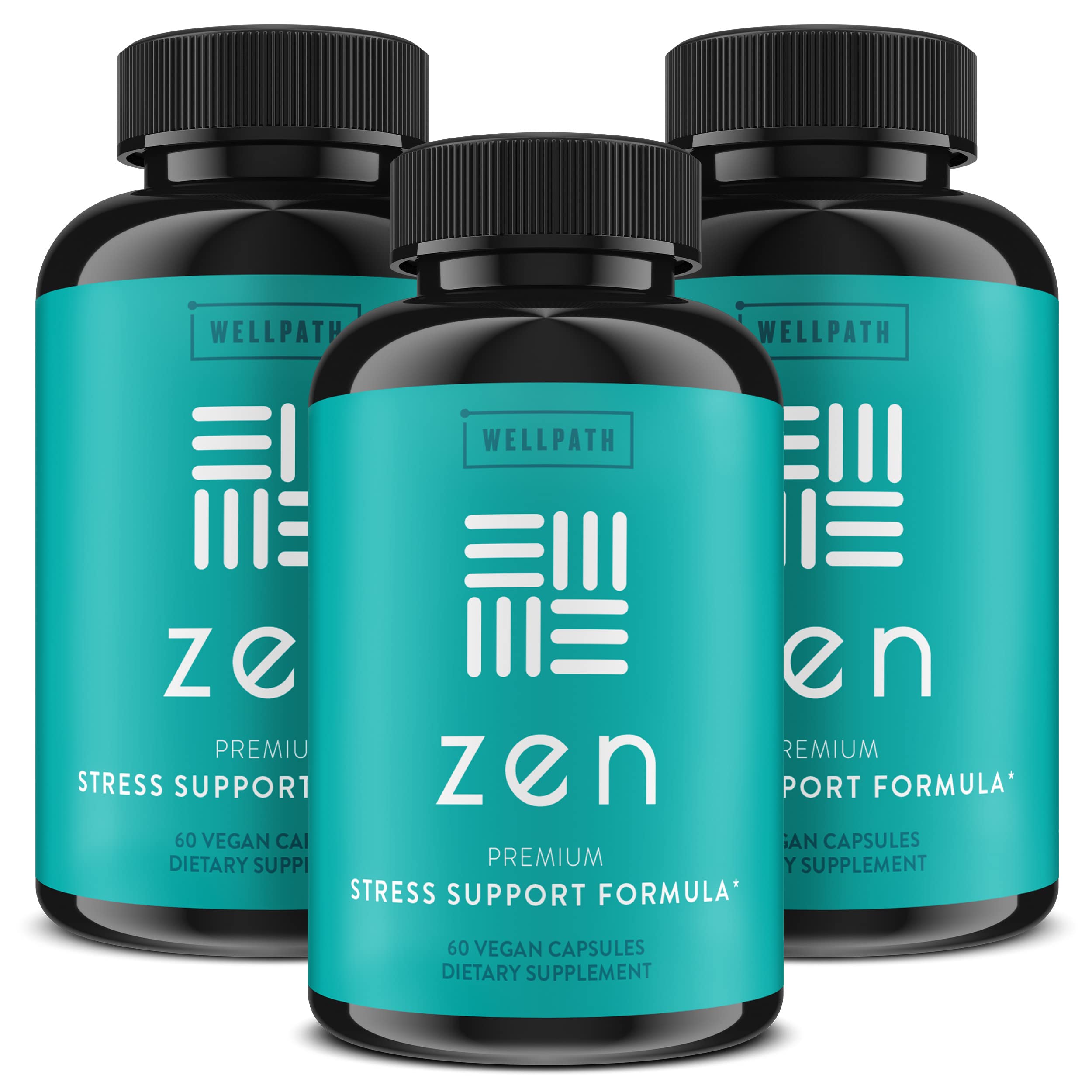 WellPath Zen stress relief bottle showcases calming mood support in a tidy kitchen scene.
