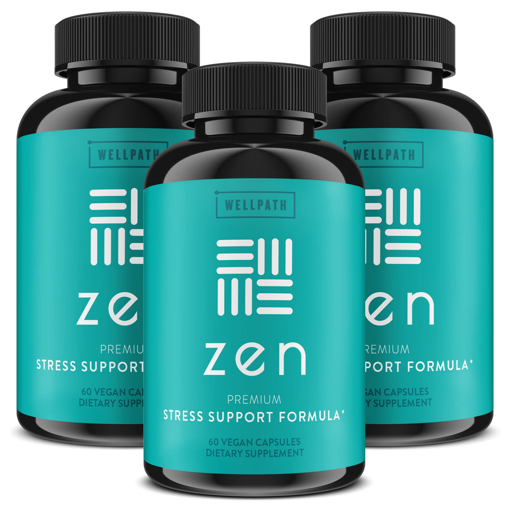 WellPath Zen stress relief bottle showcases calming mood support in a tidy kitchen scene.