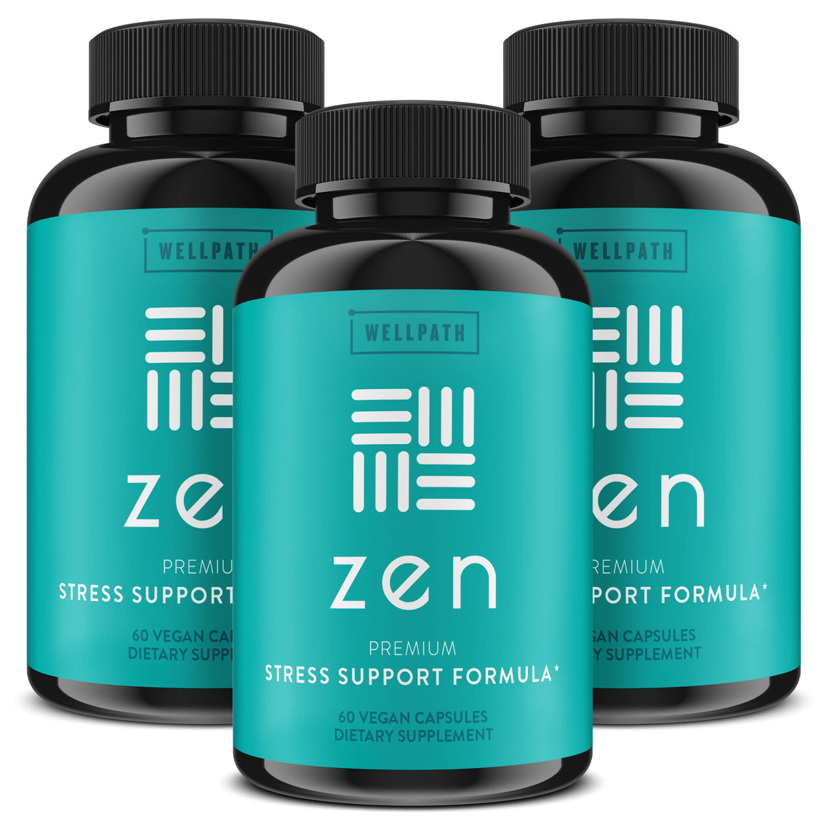 WellPath Zen stress relief bottle showcases calming mood support in a tidy kitchen scene.