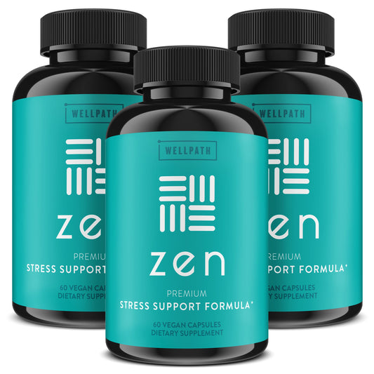WellPath Zen stress relief bottle showcases calming mood support in a tidy kitchen scene.