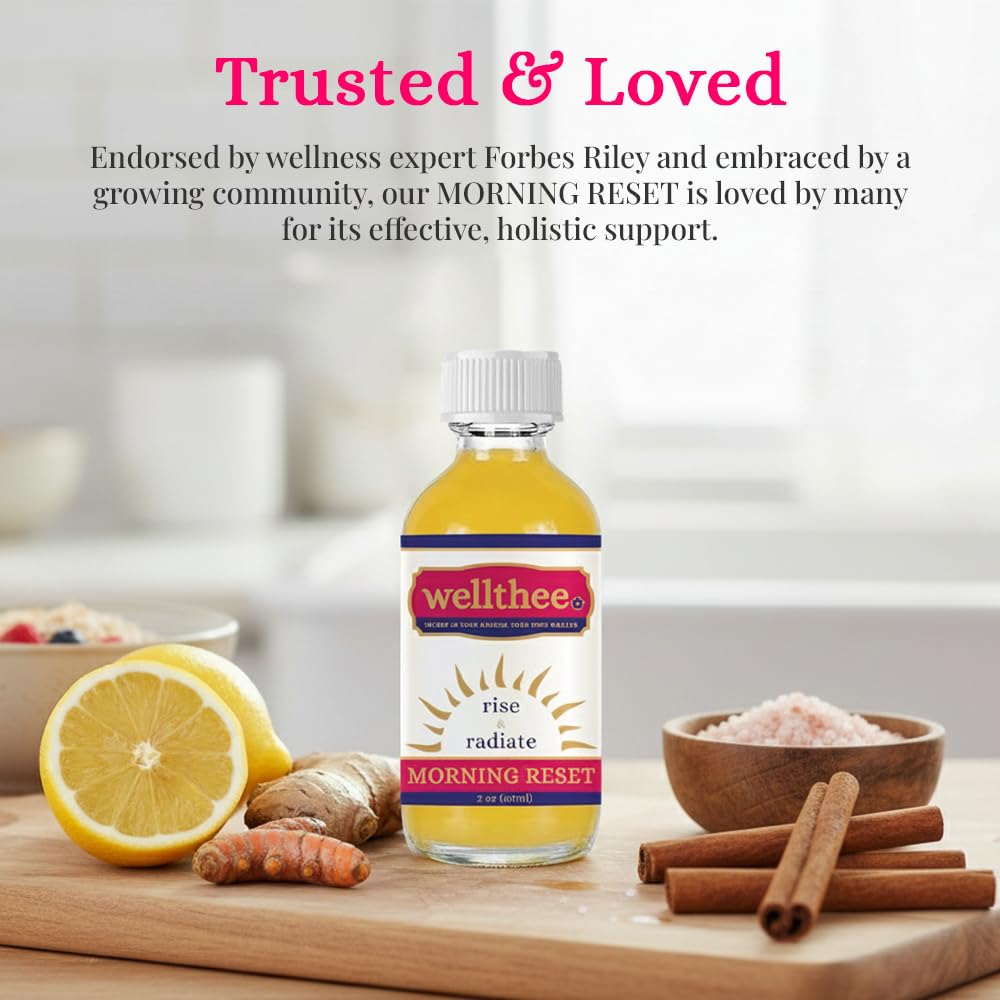 Wellthee MORNING RESET ingredients panel highlights lemon, ginger, and spices