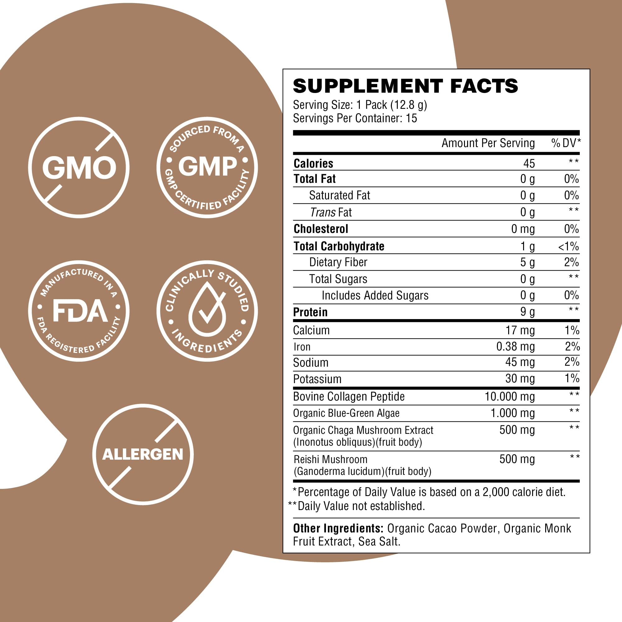 Wellthy cacao-chaga-reishi mushroom blend in a bowl, earthy aroma and mix-in potential