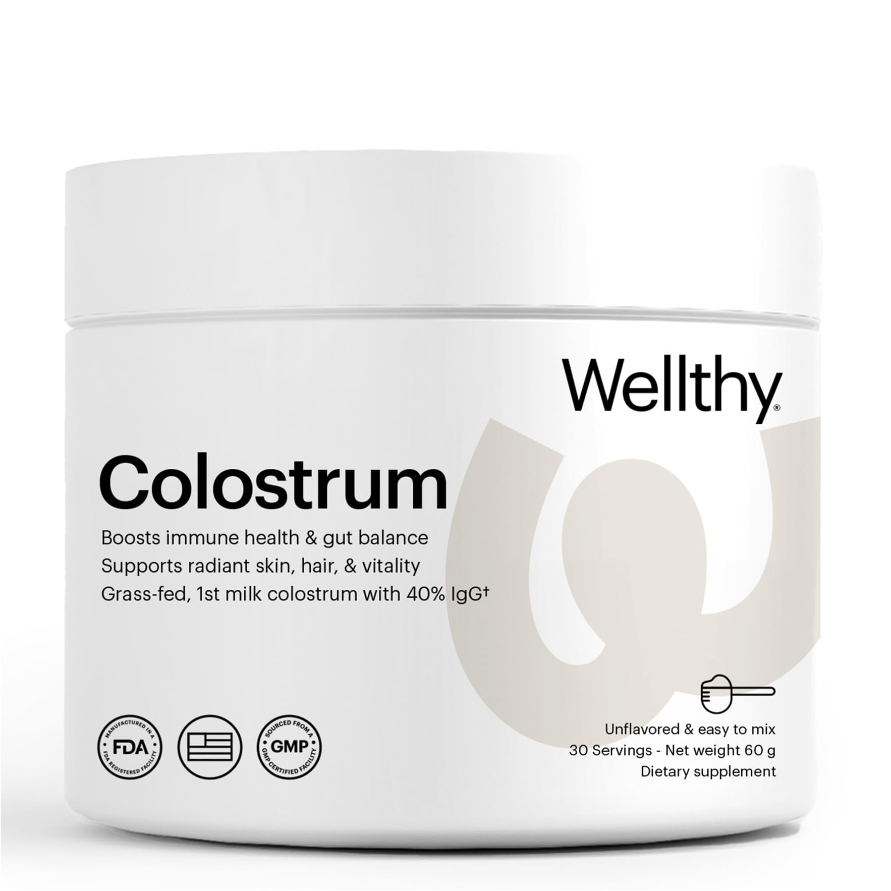 Wellthy Colostrum Powder in grass-fed bottle boosts natural immune support