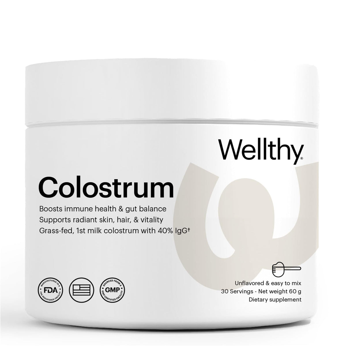Wellthy Colostrum Powder in grass-fed bottle boosts natural immune support