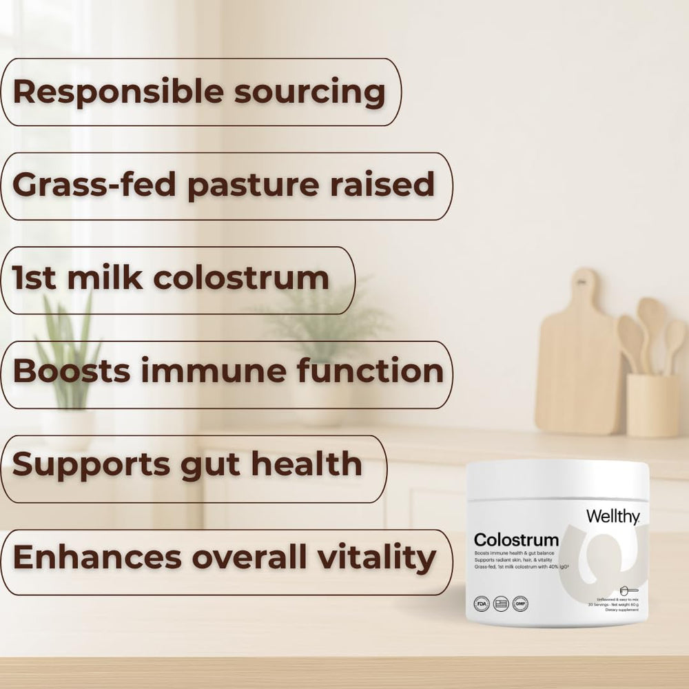 Pouring Wellthy Colostrum Powder into a shake for gut health