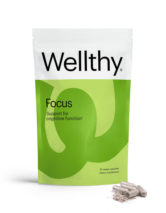 Wellthy Focus bottle front—clear, modern packaging signaling daily cognitive support.