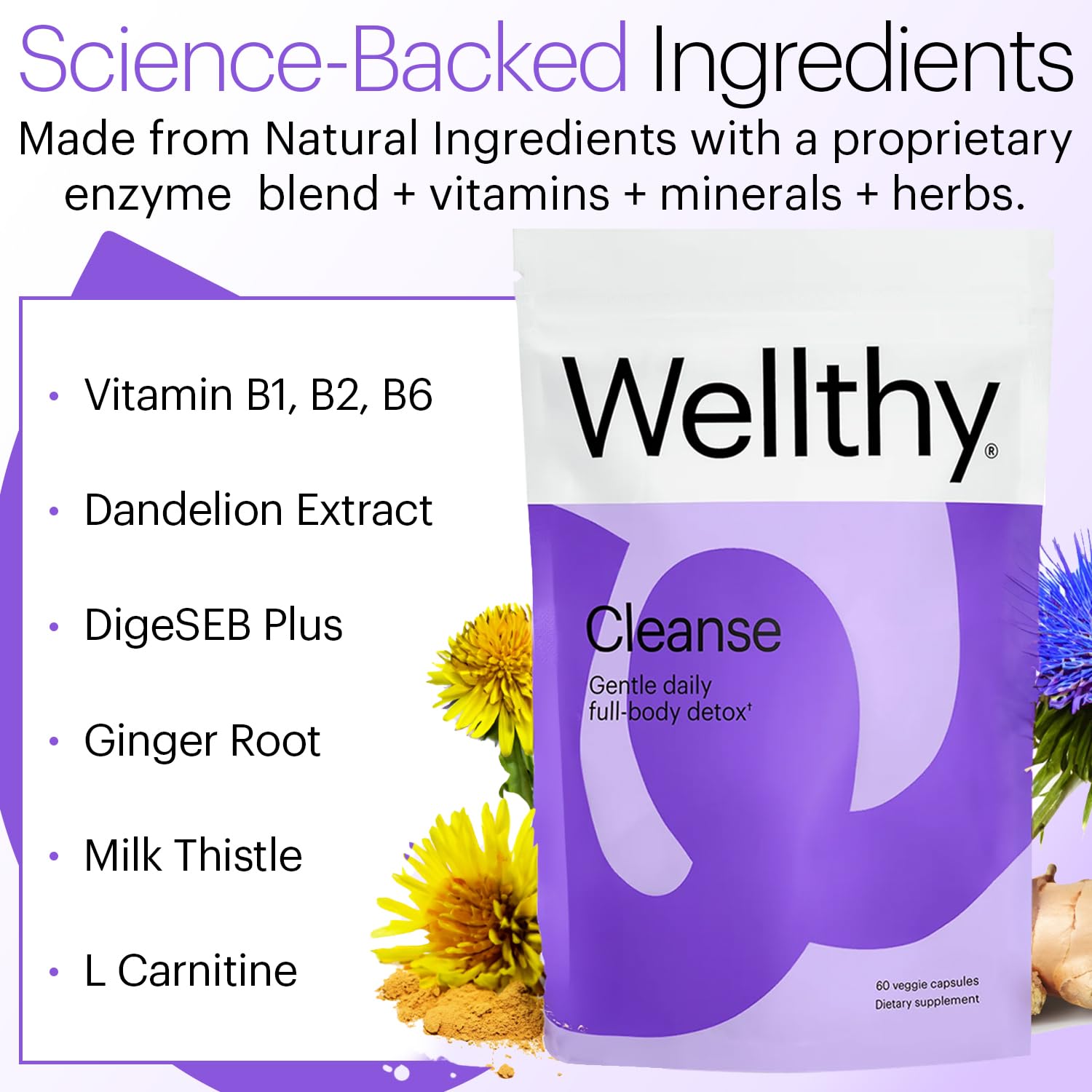 Wellthy Full Body Detox label highlights natural ingredients in the blend.