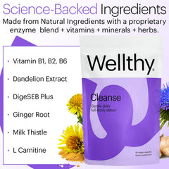 Wellthy Full Body Detox label highlights natural ingredients in the blend.