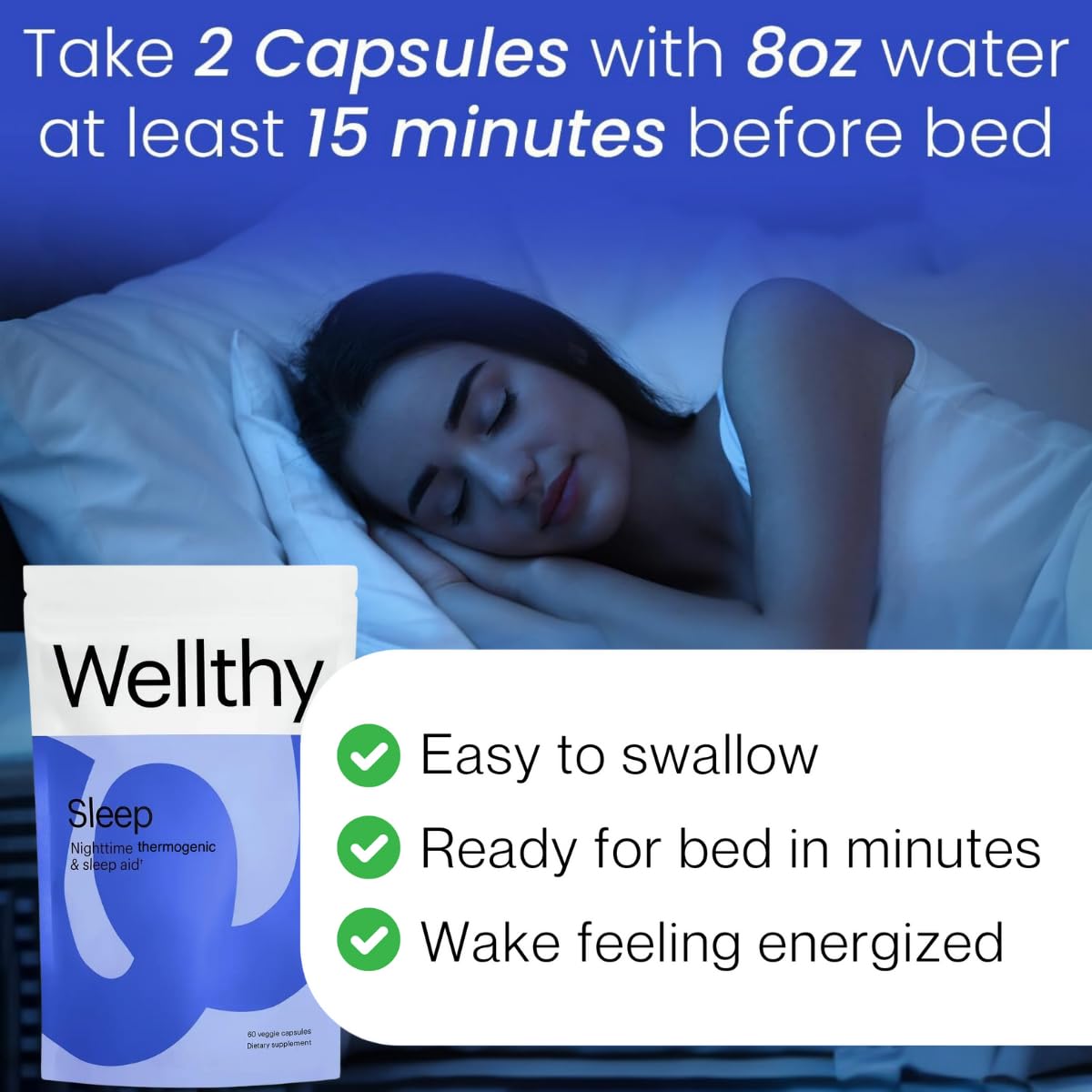 Wellthy Night Time Thermogenic bottle in sleeve suggests easy nightly routine