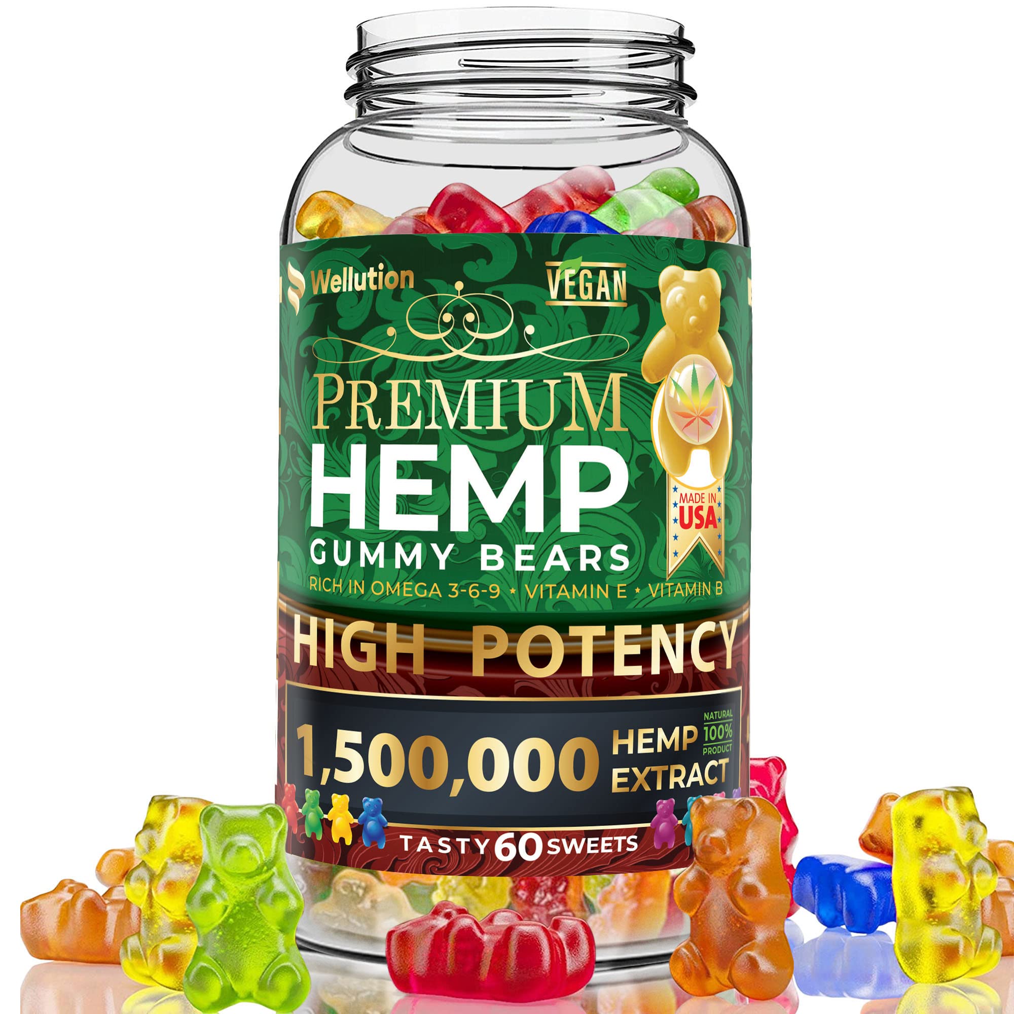 Wellution Hemp Gummies bottle close-up highlighting high potency for daily calm and focus