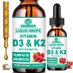 WellVeraVida D3 K2 bottle front showcasing high-potency drops for bone and teeth health.