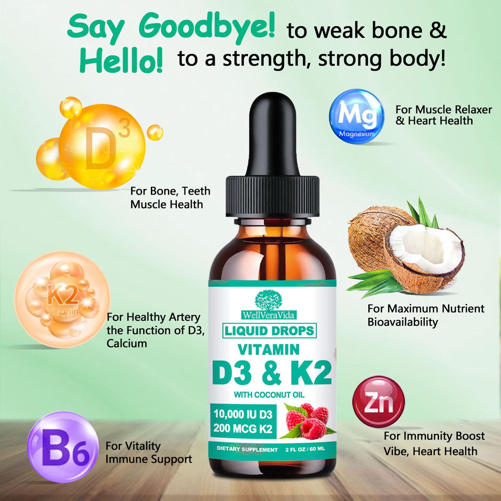 WellVeraVida D3 K2 bottle side-label detailing MK-7 K2 and coconut oil carrier.