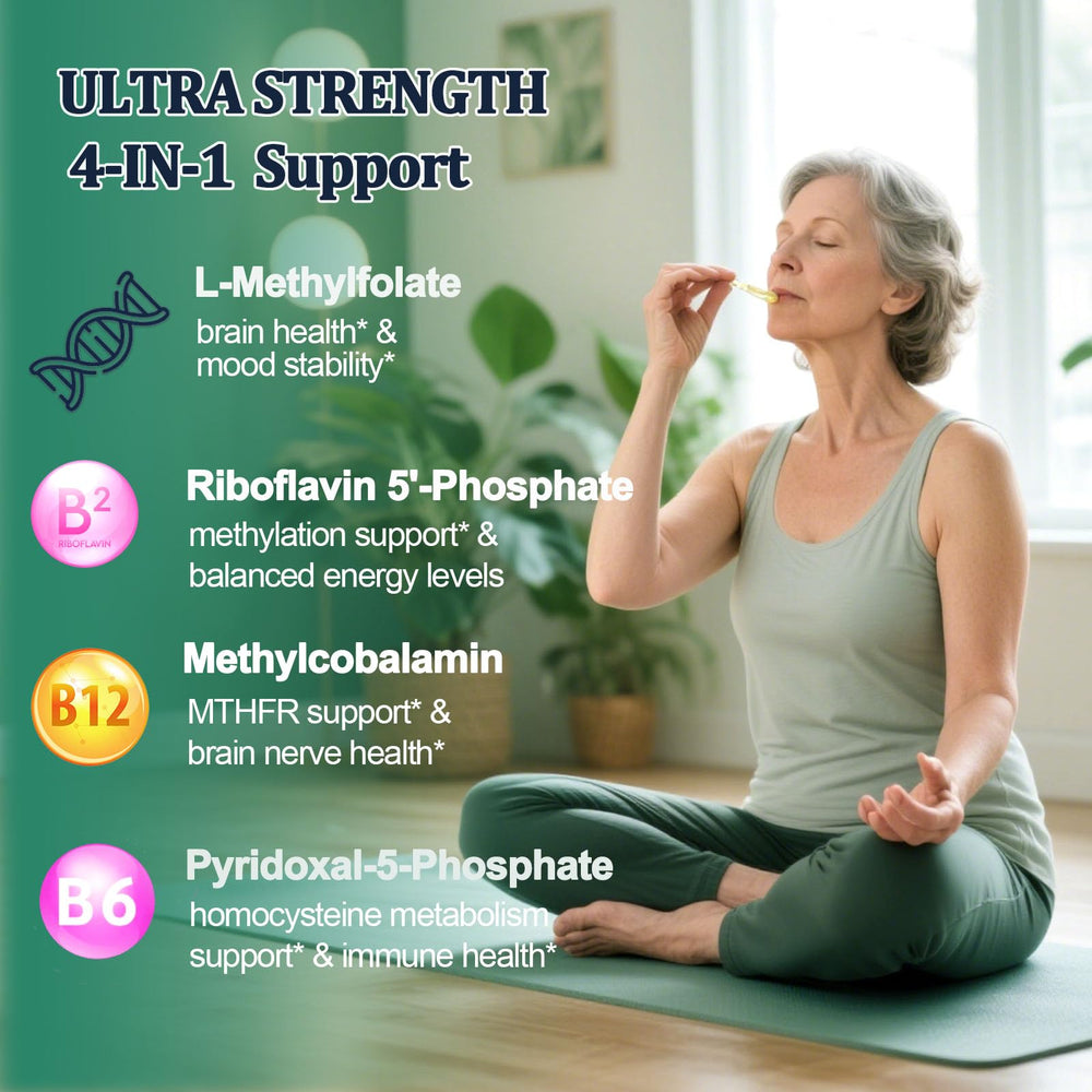 WellVeraVida Methylfolate Drops bottle label highlighting B vitamin synergy for wellness