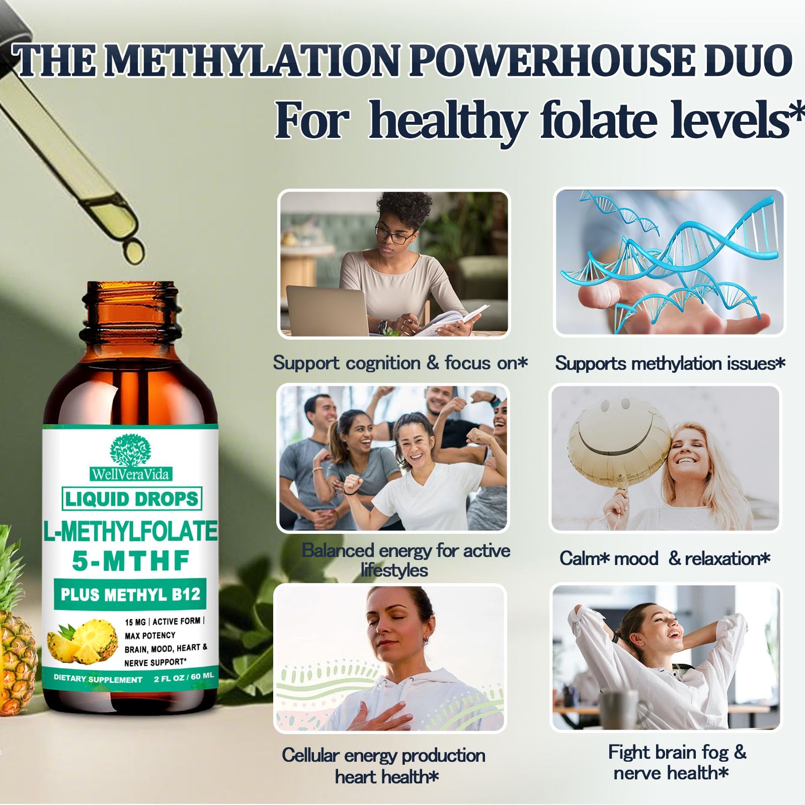 WellVeraVida Methylfolate Drops dropper pouring pineapple flavor ready to mix