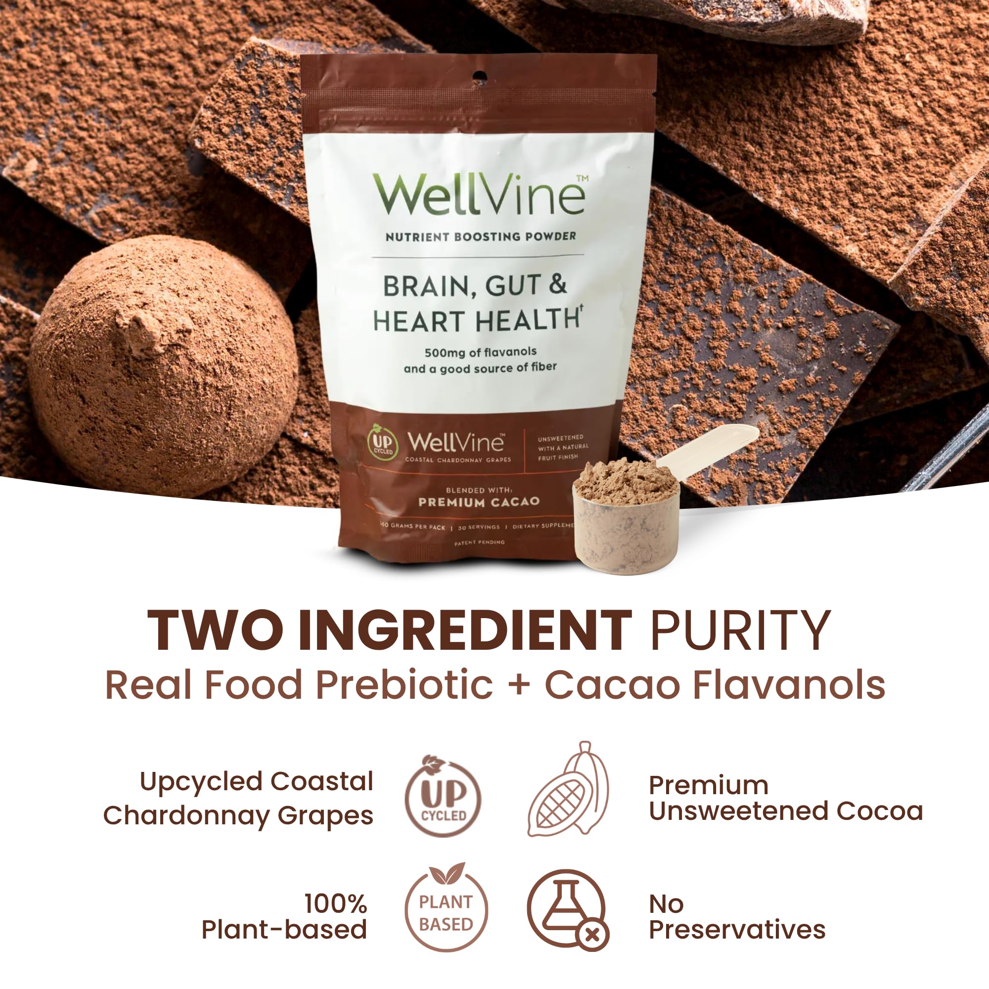 WellVine blend with cocoa flavanols visible, signaling natural cacao content.