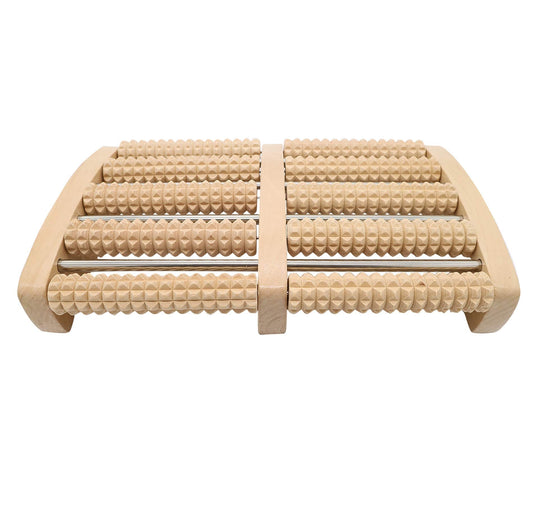 WELLWAY foot massager roller side angle highlighting solid wood construction.