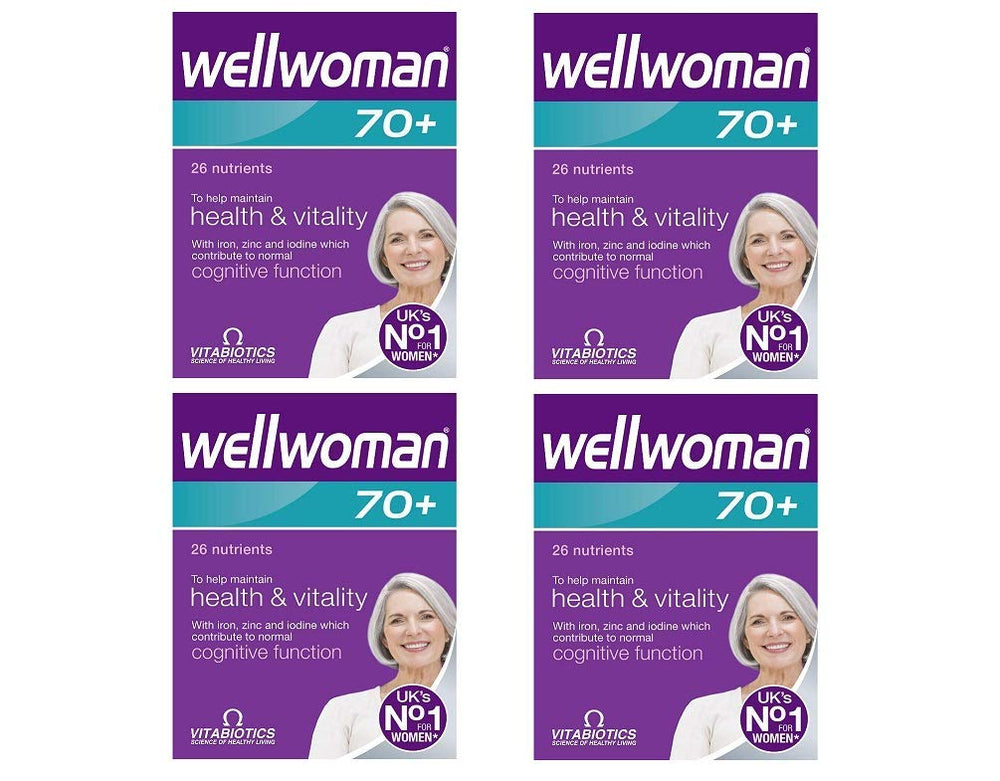 Wellwoman 70+ 4x30 bottle pack showing age-specific nutrition for mature women