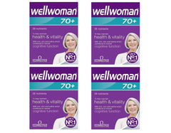 Wellwoman 70+ 4x30 bottle pack showing age-specific nutrition for mature women