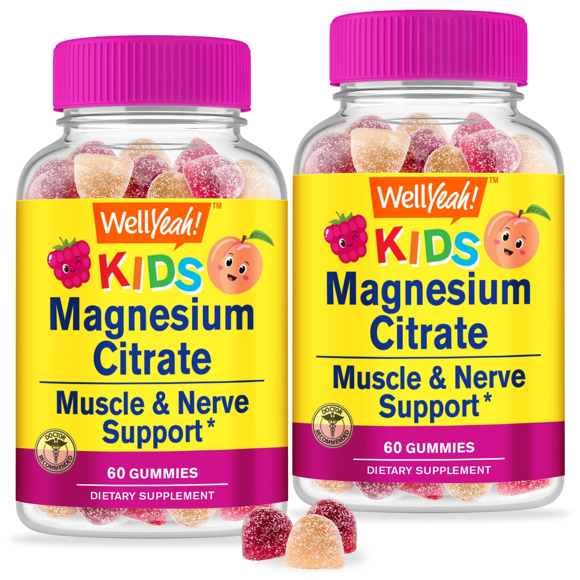 WellYeah magnesium citrate gummies for kids bottle close-up, offering kid-friendly mood support.