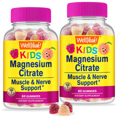 WellYeah magnesium citrate gummies for kids bottle close-up, offering kid-friendly mood support.