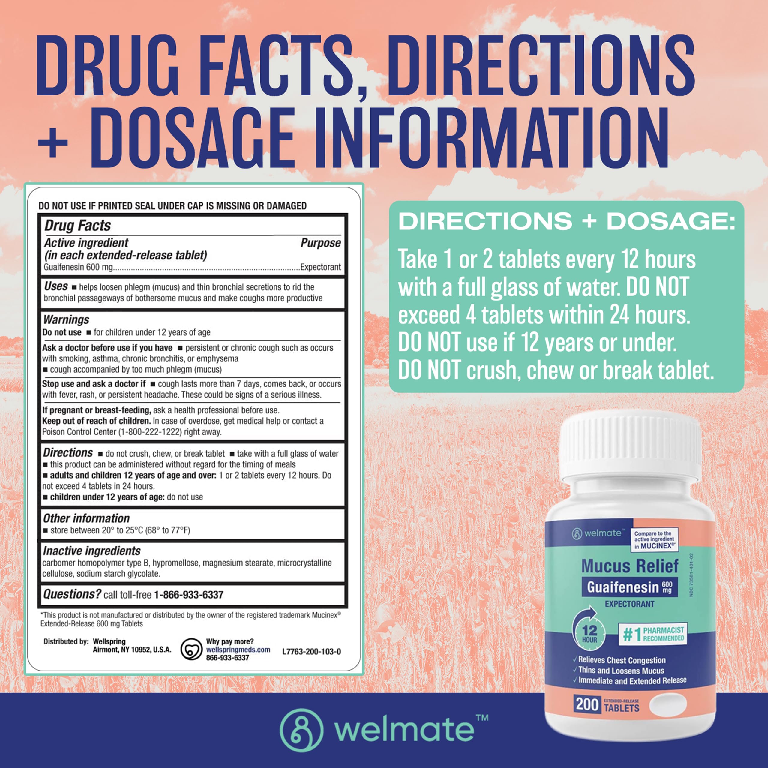 WELMATE Mucus Relief 200-count bottle ready for cold-season relief on a kitchen counter.