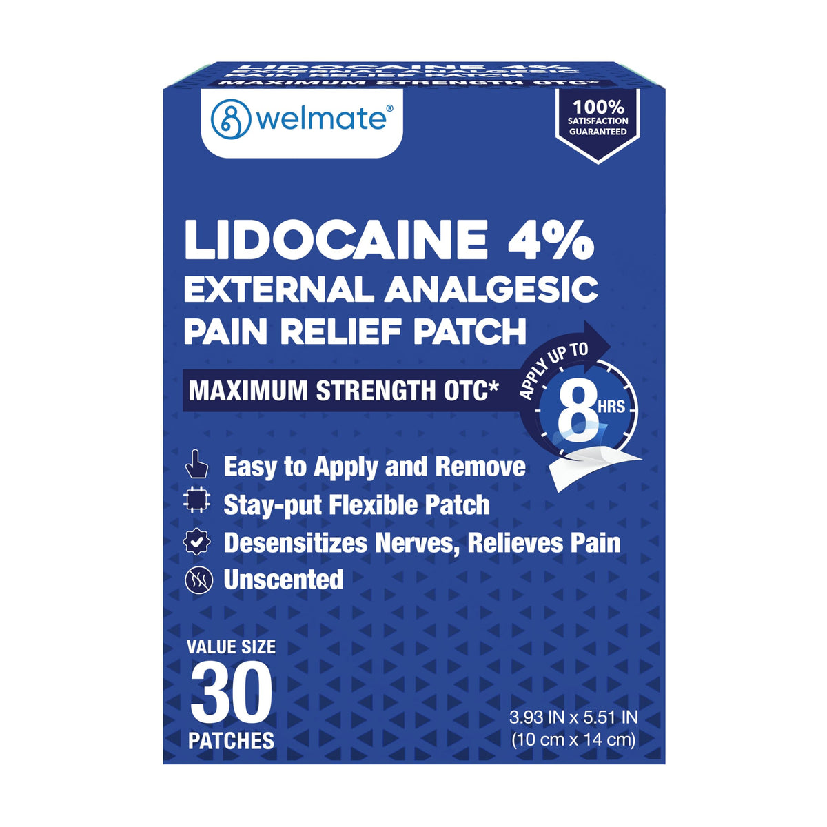 WelMate 4percent lidocaine patch box for fast temporary relief from localized pain.